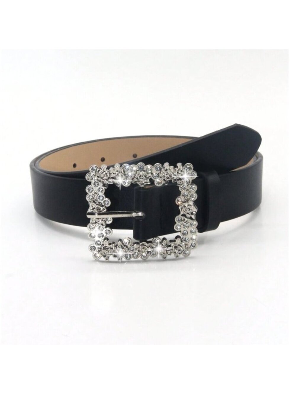 Vegan Leather Rhinestone Decor Metal Square Buckle Belt